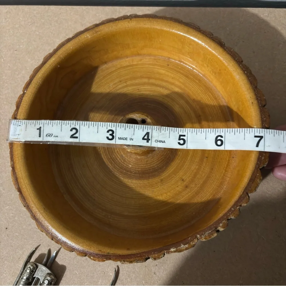 Vintage MCM Nut Cracker Bowl Live Edge Wood Set Picks Rustic Bark Handcrafted